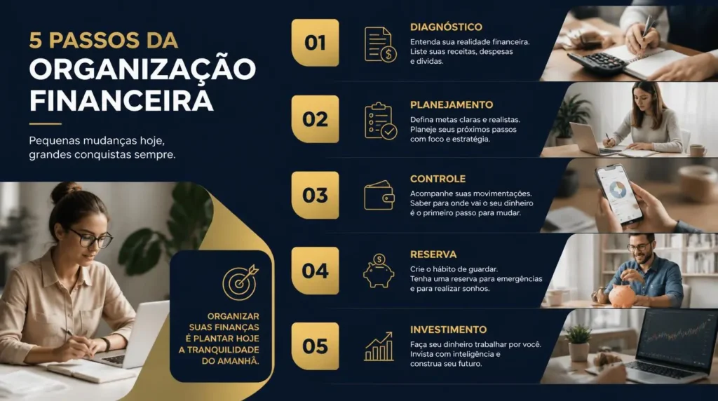 infográfico com os 5 passos da organização financeira